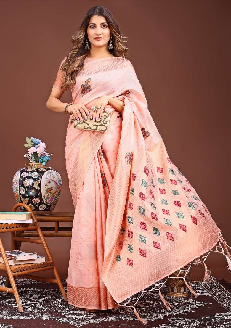 Peach Woven Cotton Blend Saree Set - Indya