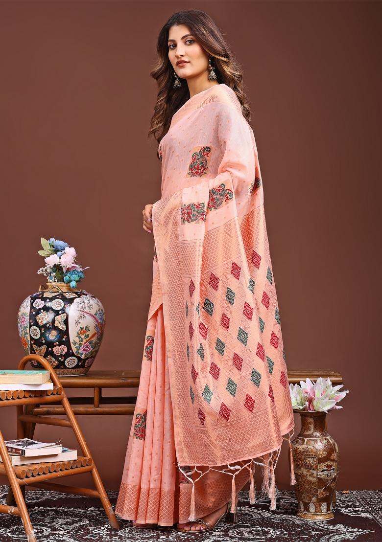 Peach Woven Cotton Blend Saree Set