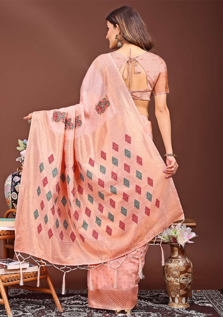 Peach Woven Cotton Blend Saree Set - Indya