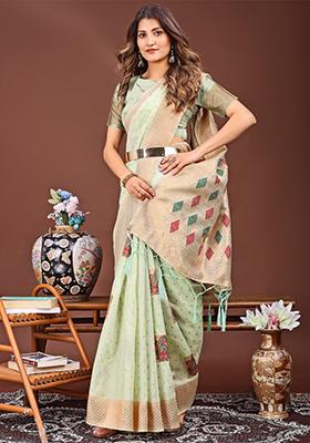Light Green Woven Cotton Blend Saree Set