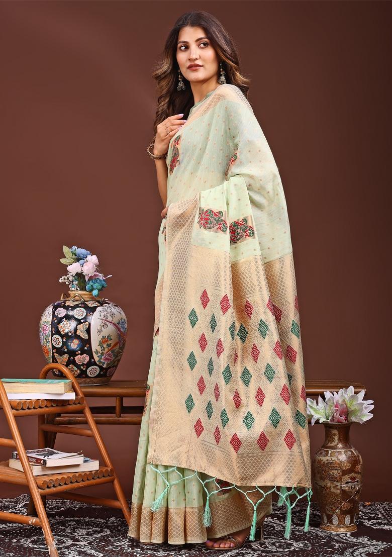 Light Green Woven Cotton Blend Saree Set