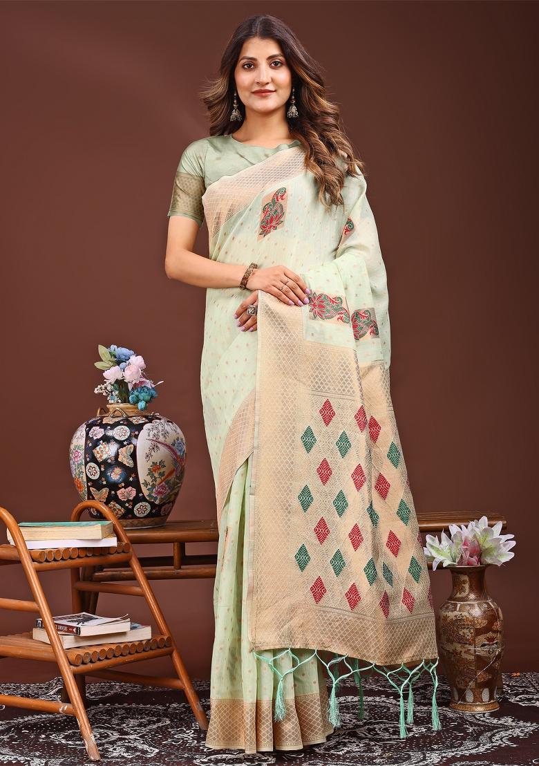 Light Green Woven Cotton Blend Saree Set