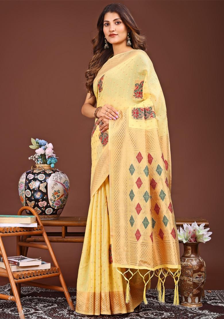 Yellow Woven Cotton Blend Saree Set