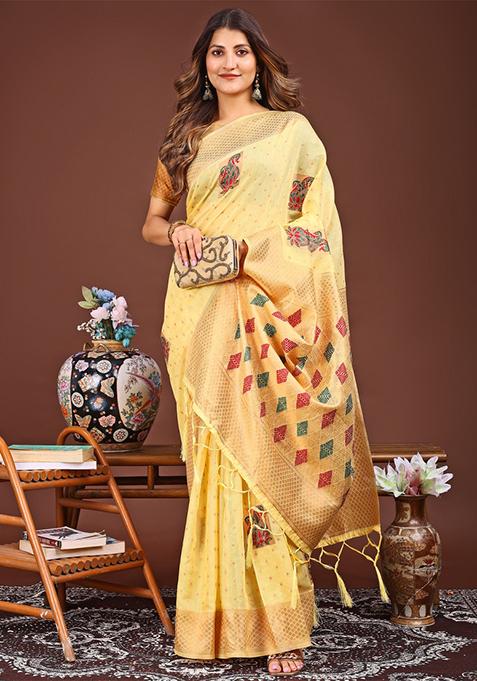 Yellow Woven Cotton Blend Saree Set