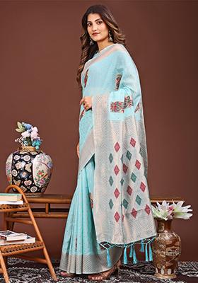 Sky Blue Woven Cotton Blend Saree Set