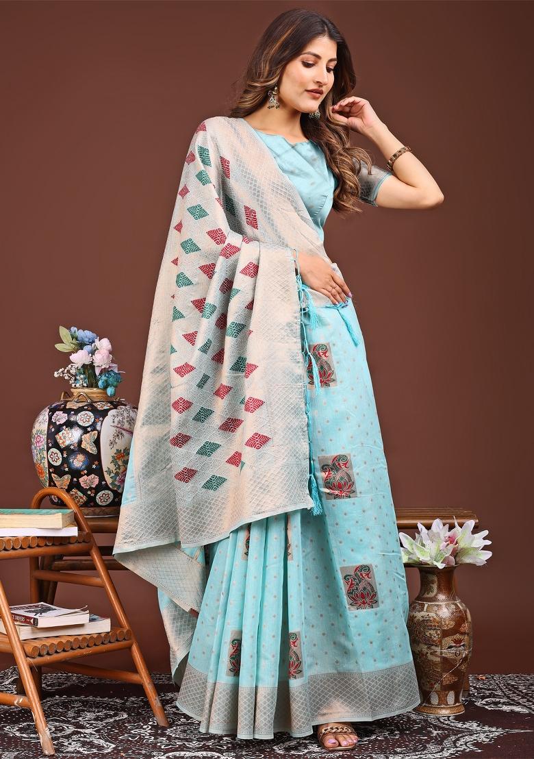 Sky Blue Woven Cotton Blend Saree Set