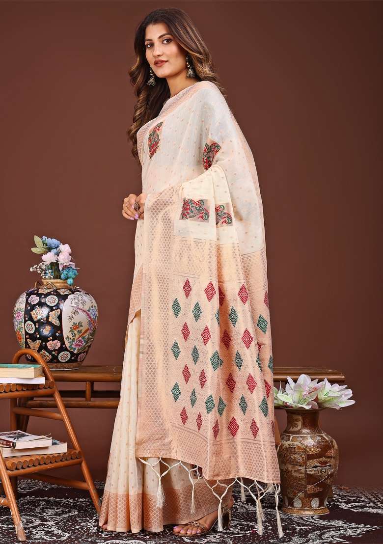 White Woven Cotton Blend Saree Set - Indya