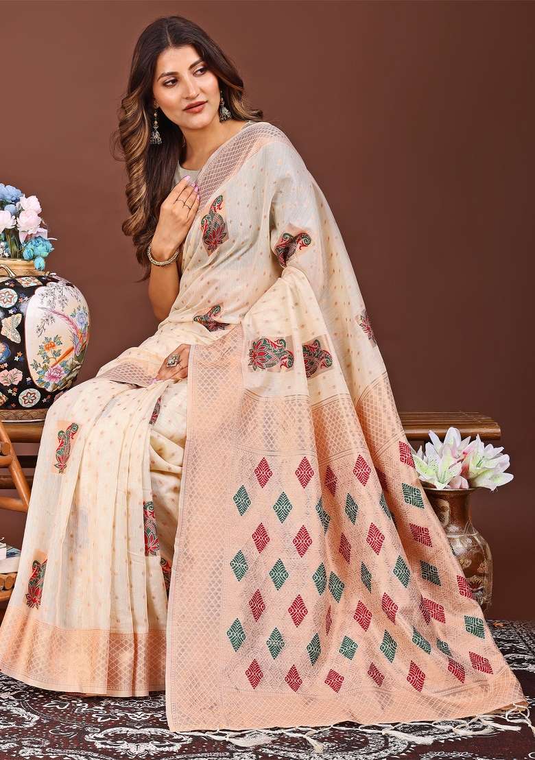 White Woven Cotton Blend Saree Set - Indya