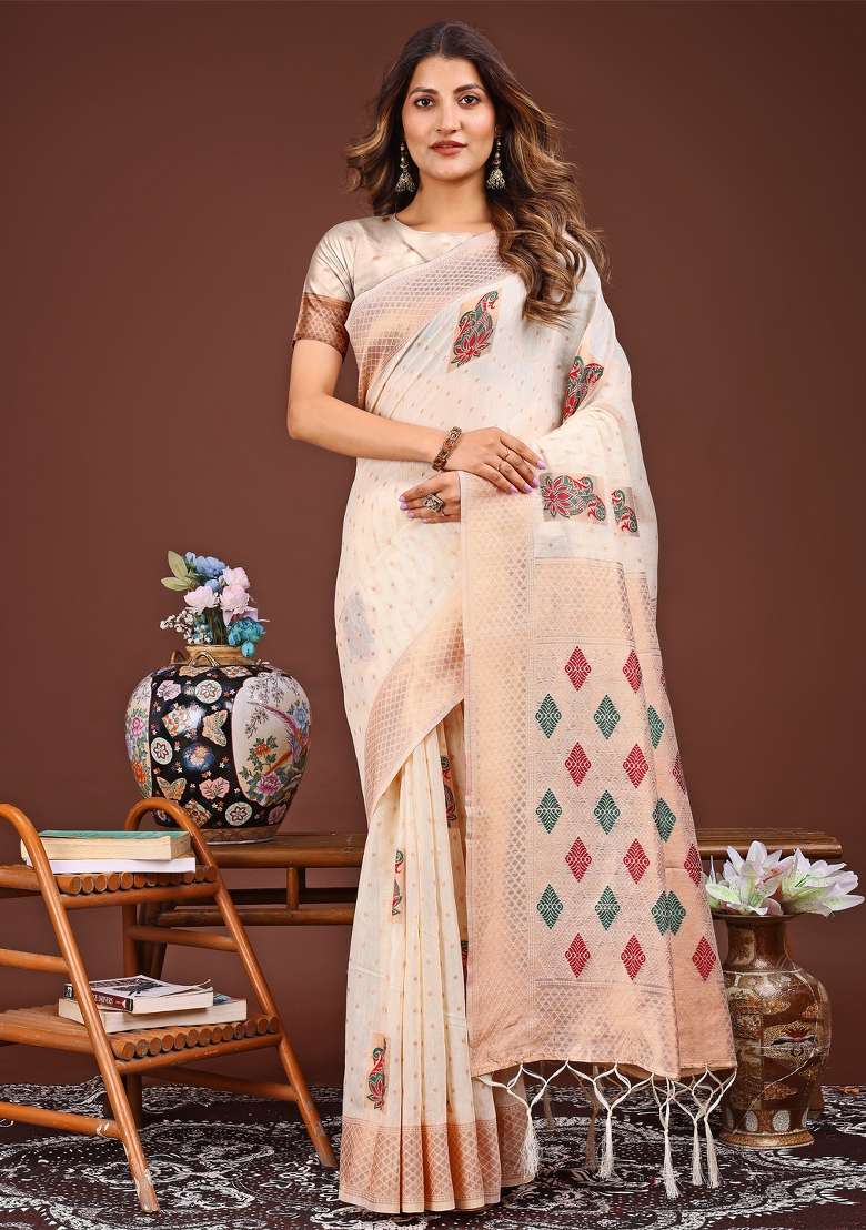White Woven Cotton Blend Saree Set - Indya