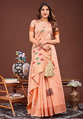 Orange Woven Cotton Blend Saree Set