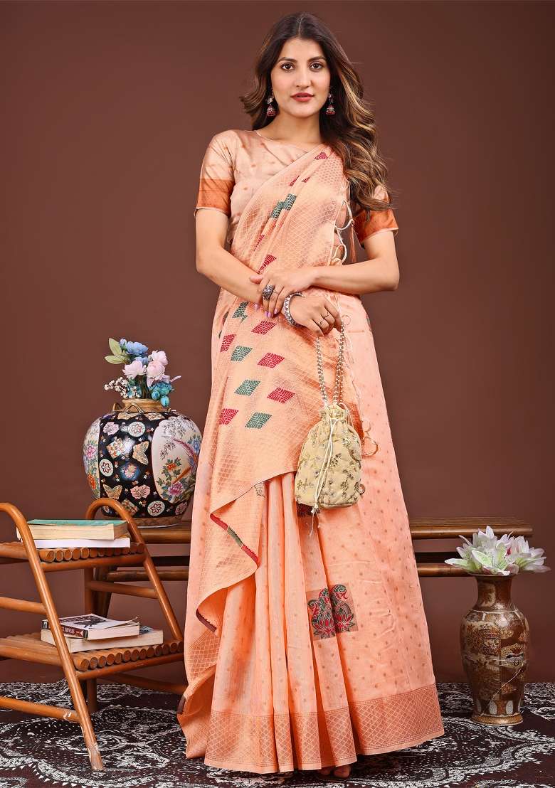 Orange Woven Cotton Blend Saree Set - Indya