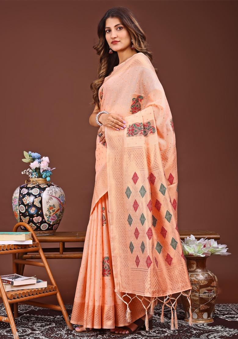 Orange Woven Cotton Blend Saree Set