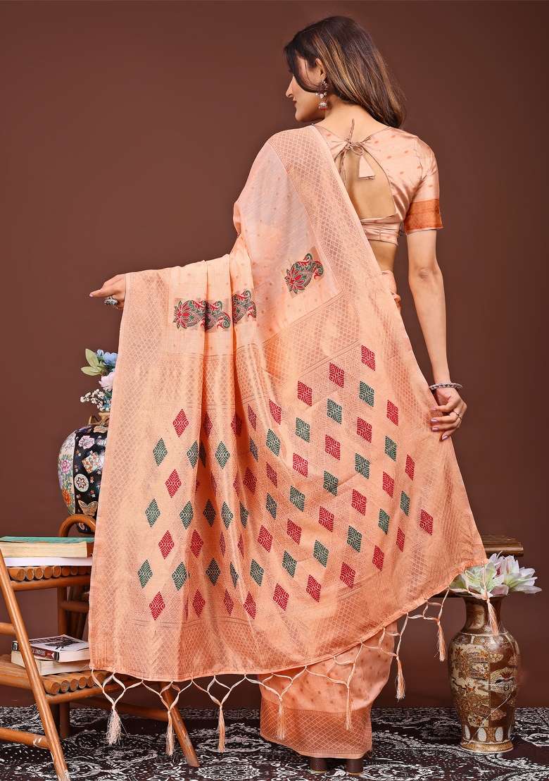 Orange Woven Cotton Blend Saree Set - Indya