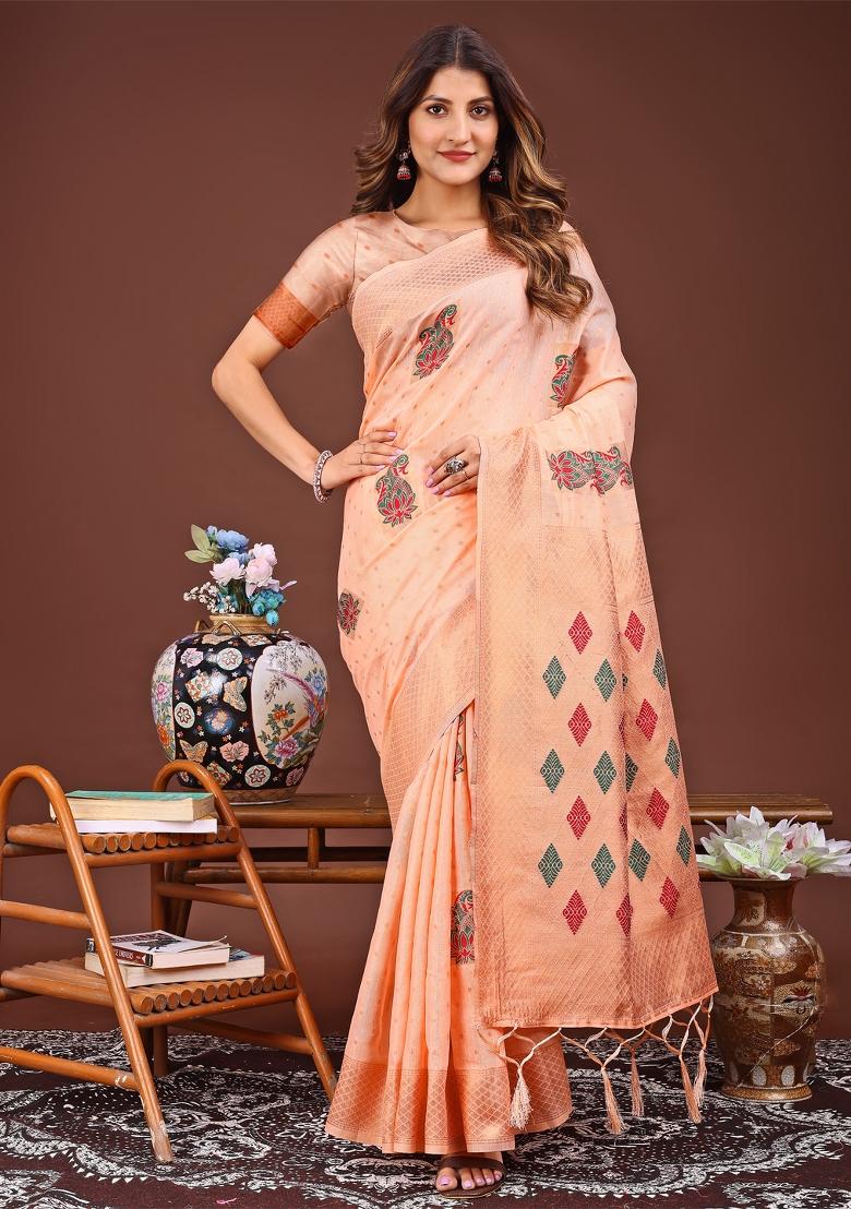 Orange Woven Cotton Blend Saree Set