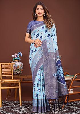 Sky Blue Woven Cotton Blend Saree Set