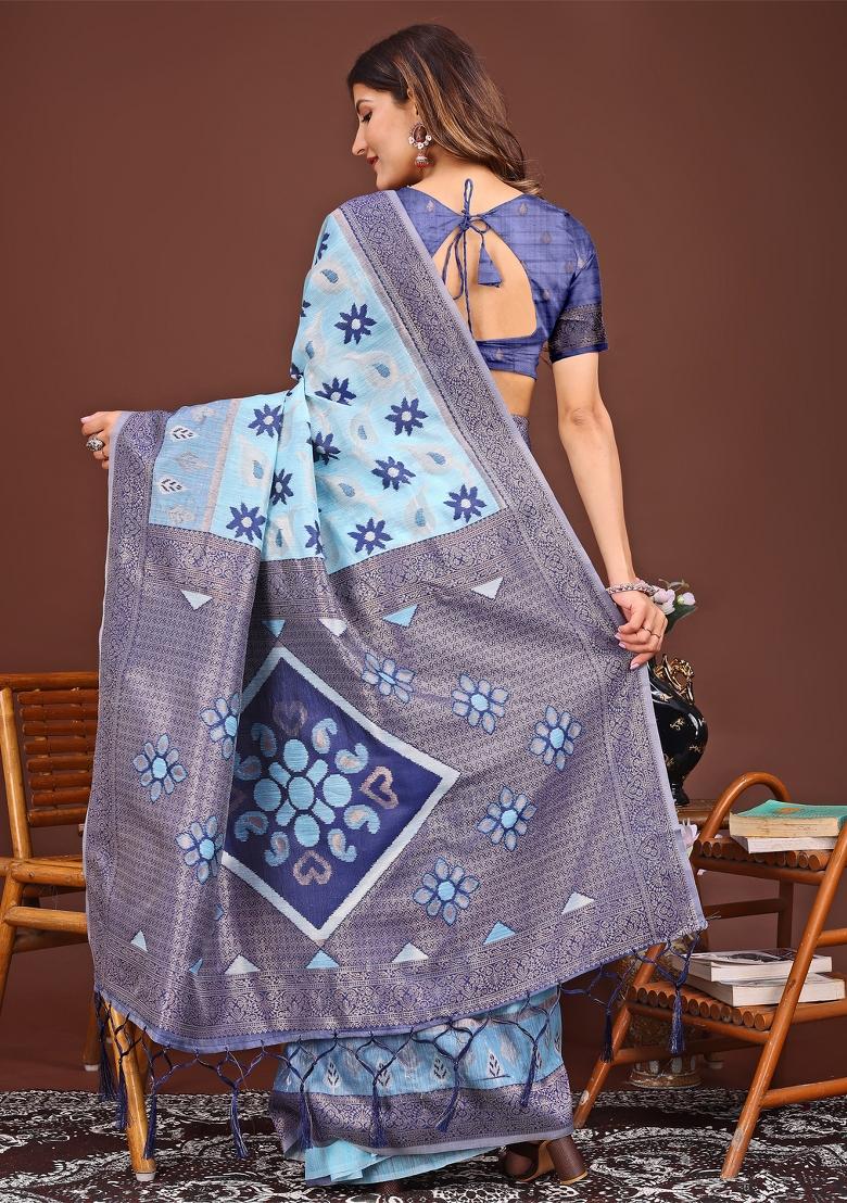 Sky Blue Woven Cotton Blend Saree Set