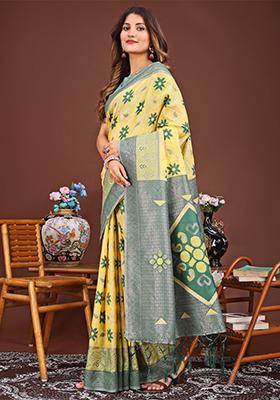 Yellow Woven Cotton Blend Saree Set