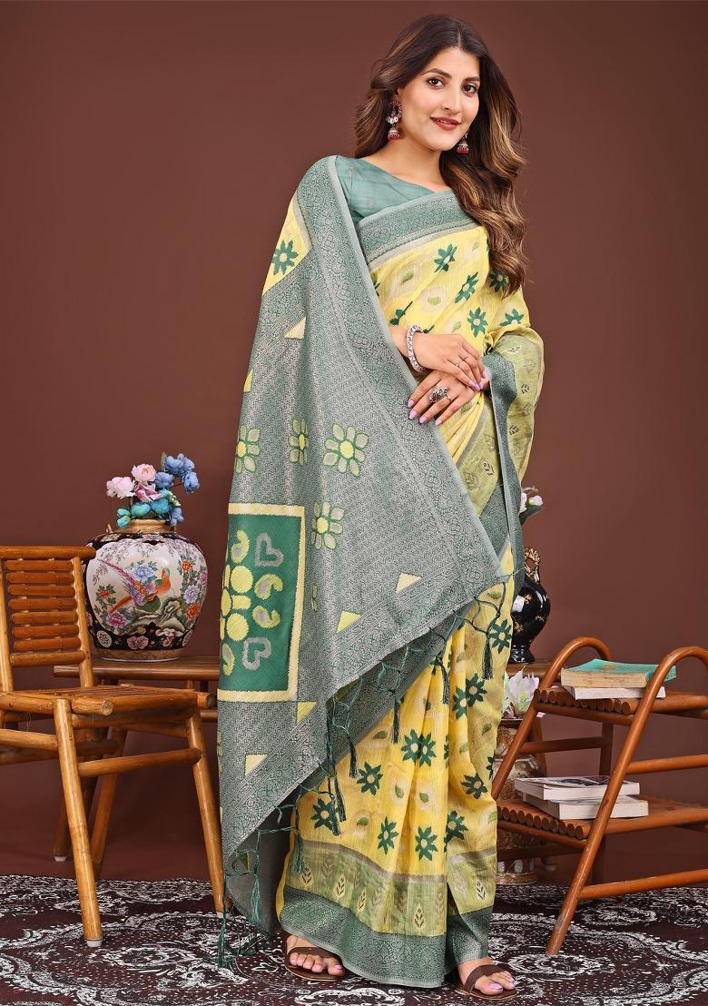 Yellow Woven Cotton Blend Saree Set