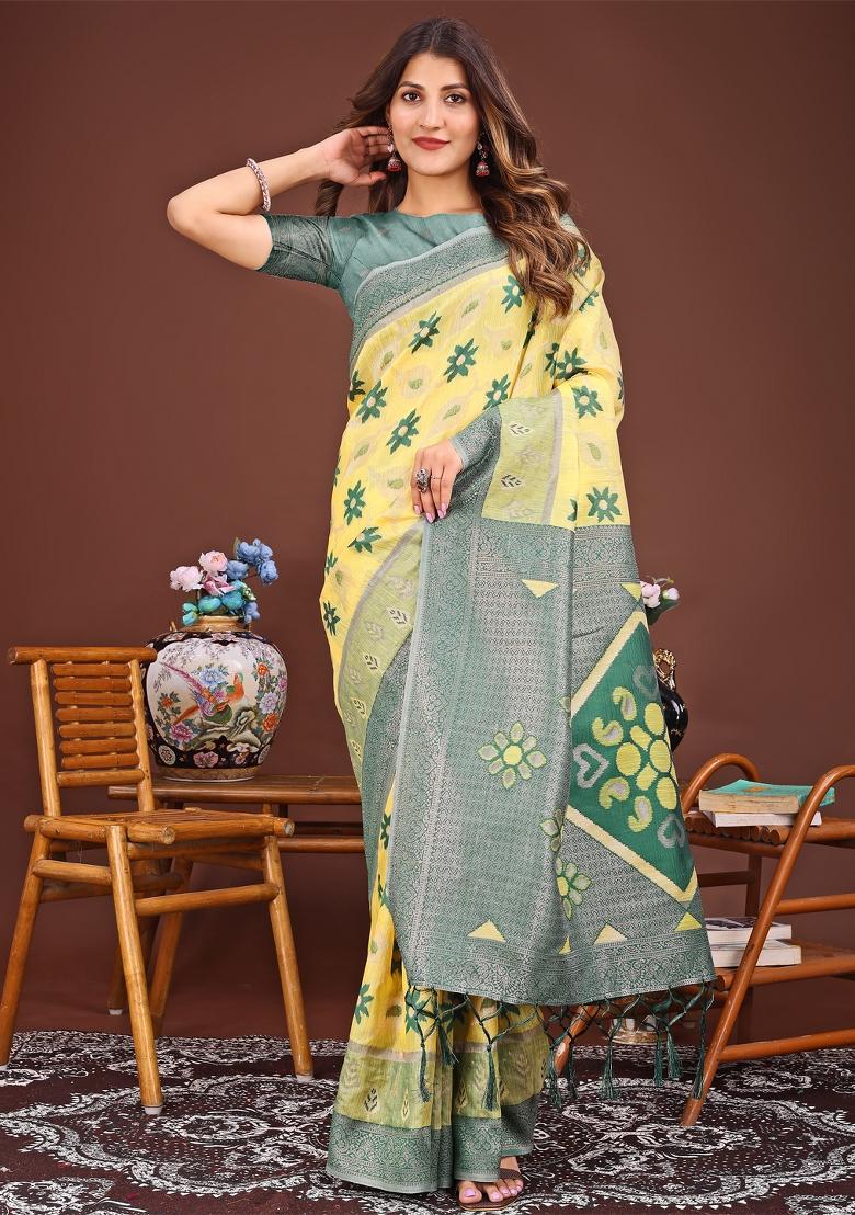 Yellow Woven Cotton Blend Saree Set