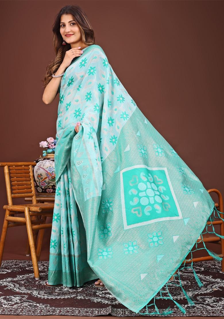 Sea Green Woven Cotton Blend Saree Set