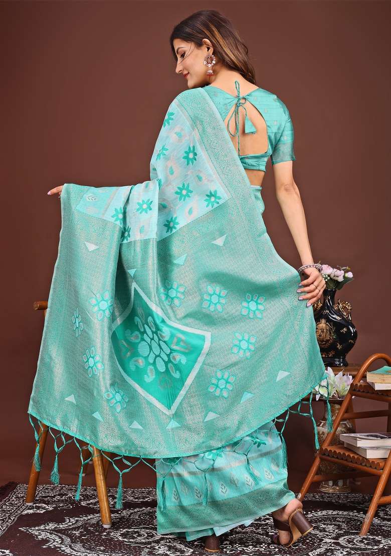Sea Green Woven Cotton Blend Saree Set - Indya