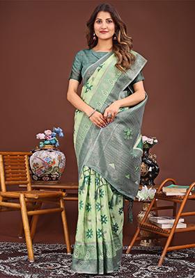 Light Green Woven Cotton Blend Saree Set