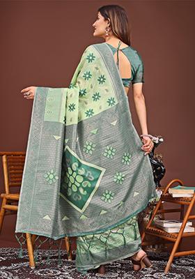 Light Green Woven Cotton Blend Saree Set
