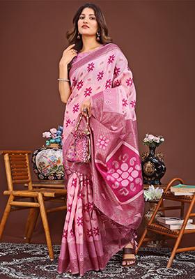 Pink Woven Cotton Blend Saree Set