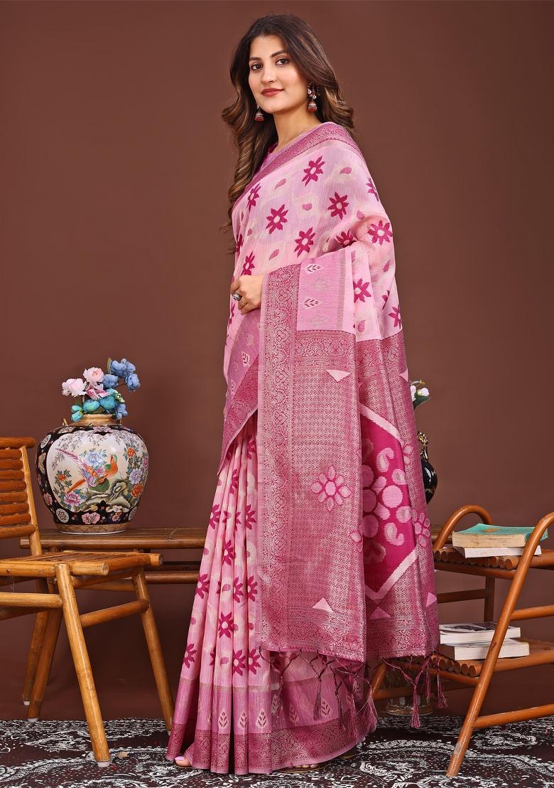 Pink Woven Cotton Blend Saree Set