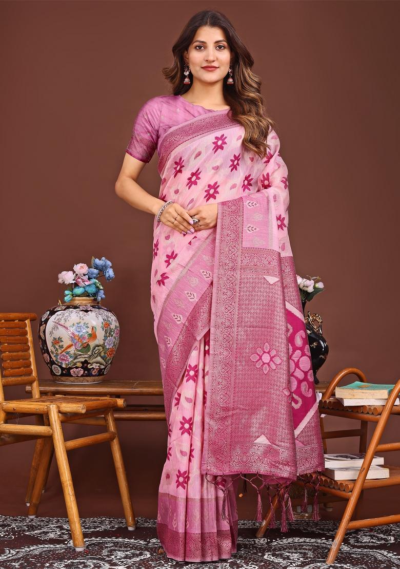 Pink Woven Cotton Blend Saree Set