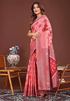 Peach Woven Cotton Blend Saree Set