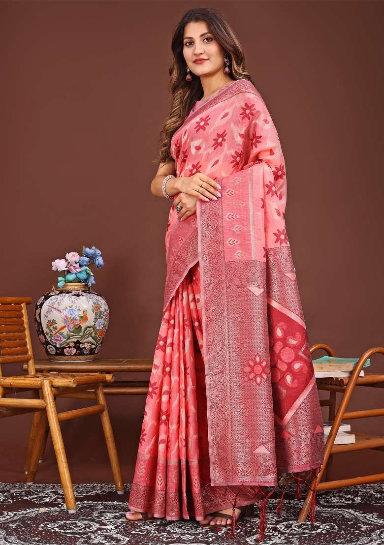 Peach Woven Cotton Blend Saree Set - Indya