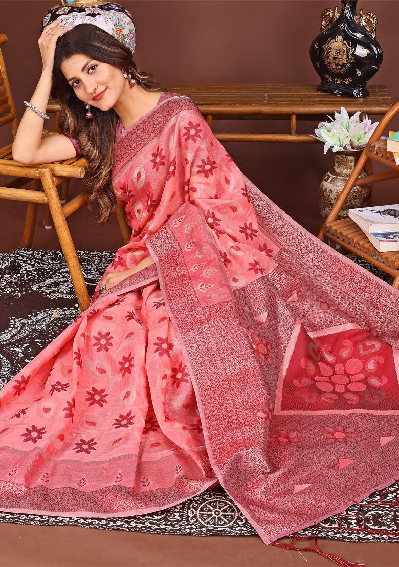 Peach Woven Cotton Blend Saree Set