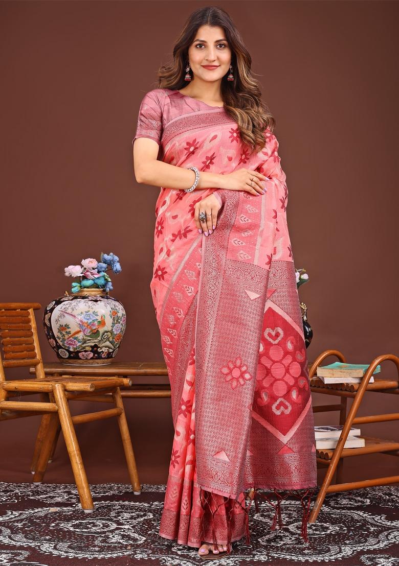 Peach Woven Cotton Blend Saree Set