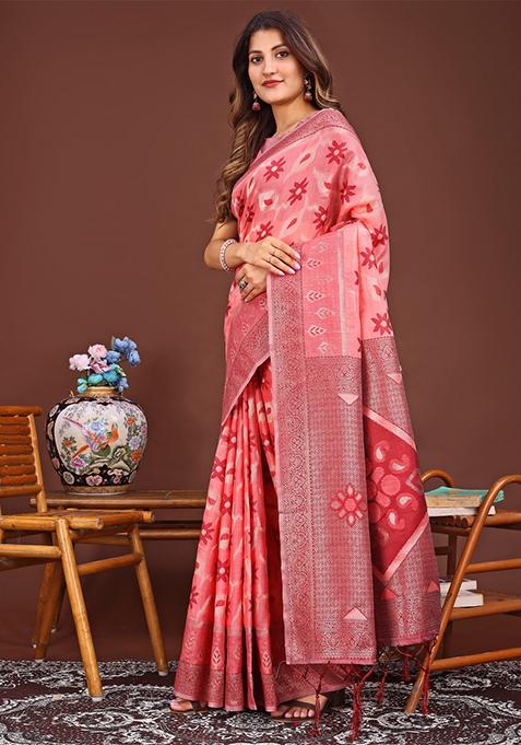 Peach Woven Cotton Blend Saree Set