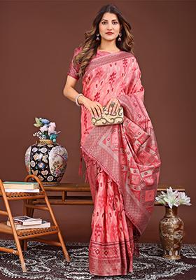 Peach Woven Cotton Blend Saree Set