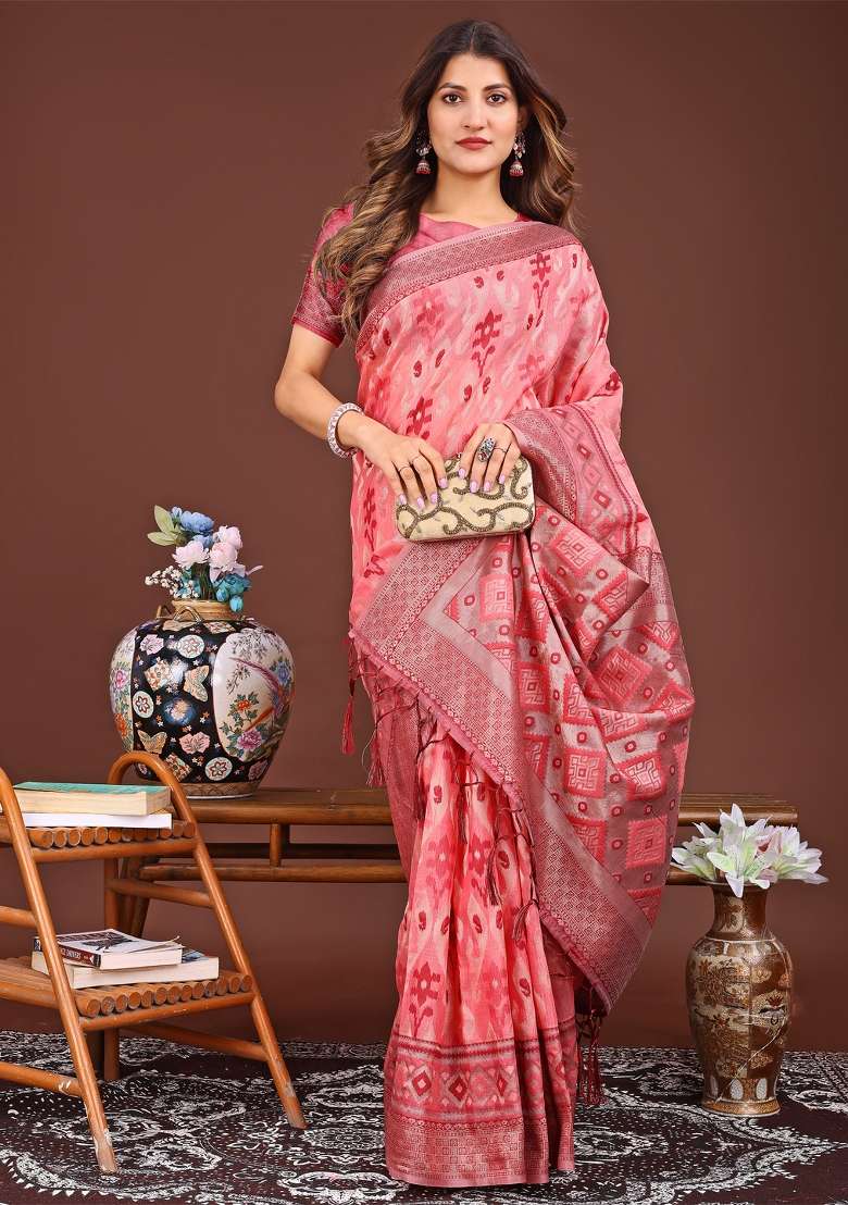 Peach Woven Cotton Blend Saree Set - Indya