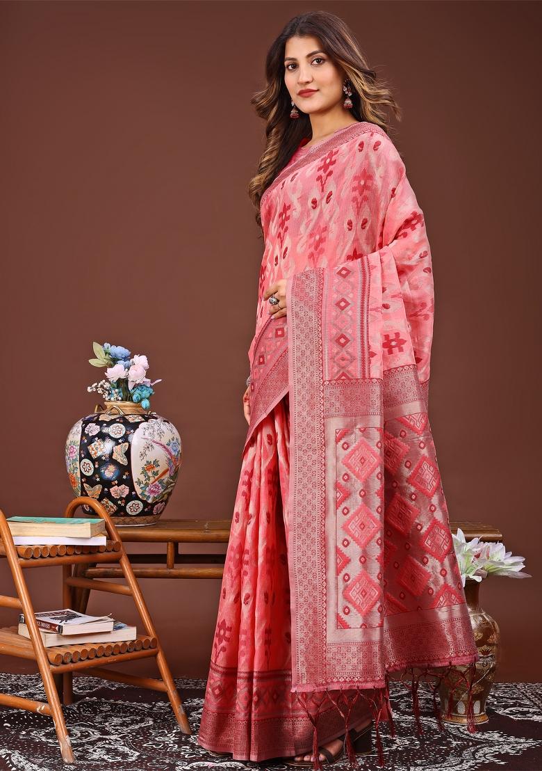 Peach Woven Cotton Blend Saree Set