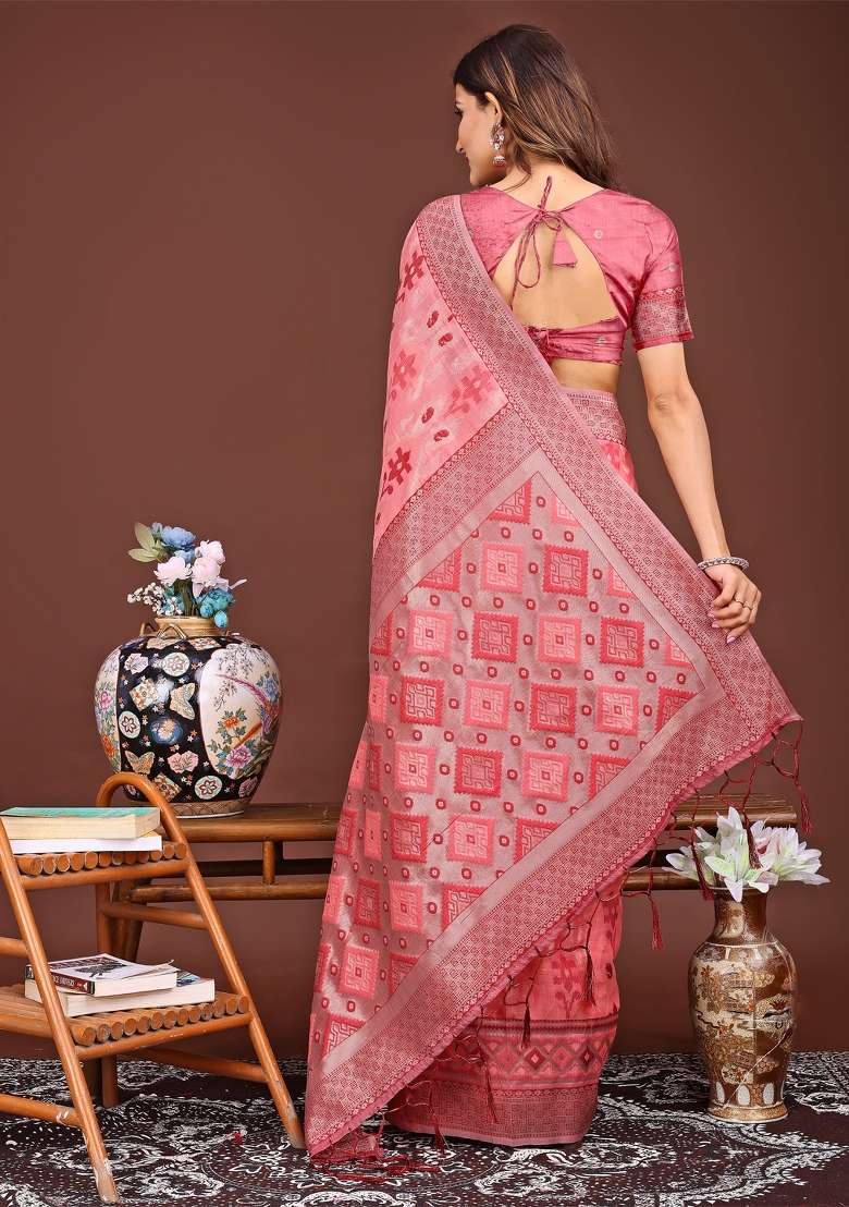 Peach Woven Cotton Blend Saree Set - Indya