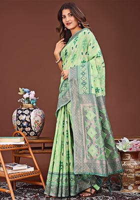 Light Green Woven Cotton Blend Saree Set