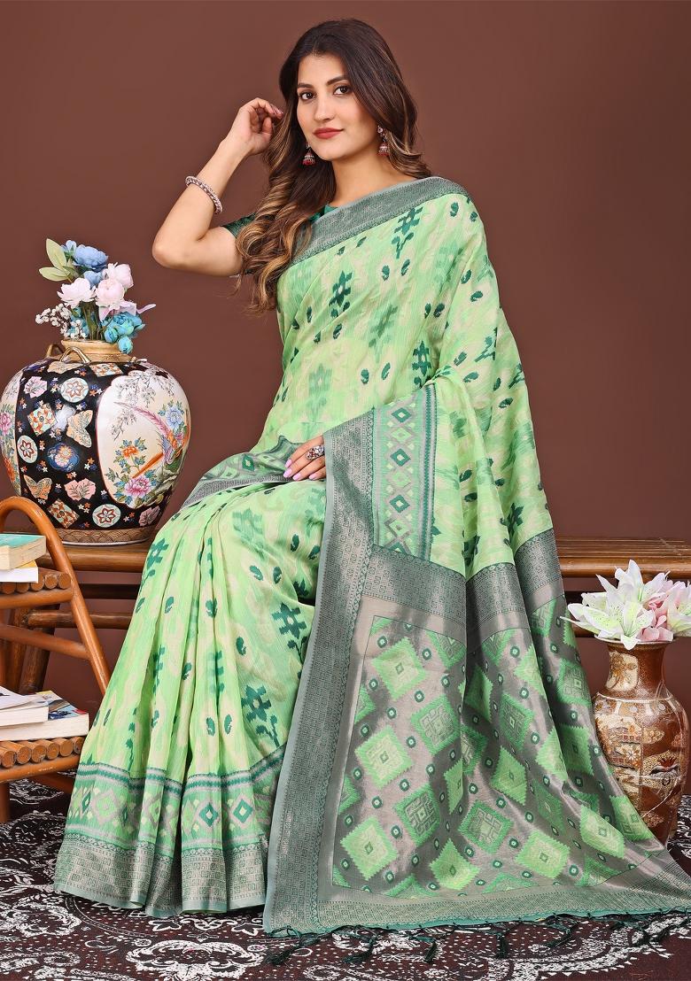 Light Green Woven Cotton Blend Saree Set