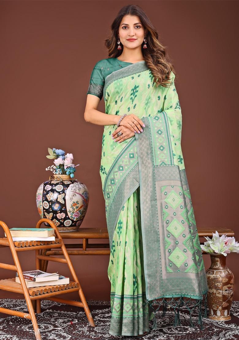 Light Green Woven Cotton Blend Saree Set