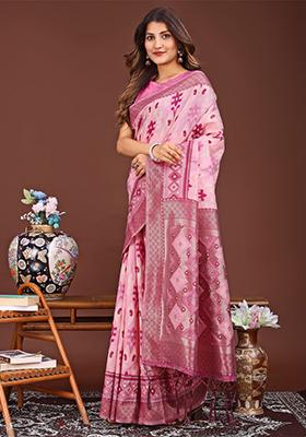 Pink Woven Cotton Blend Saree Set