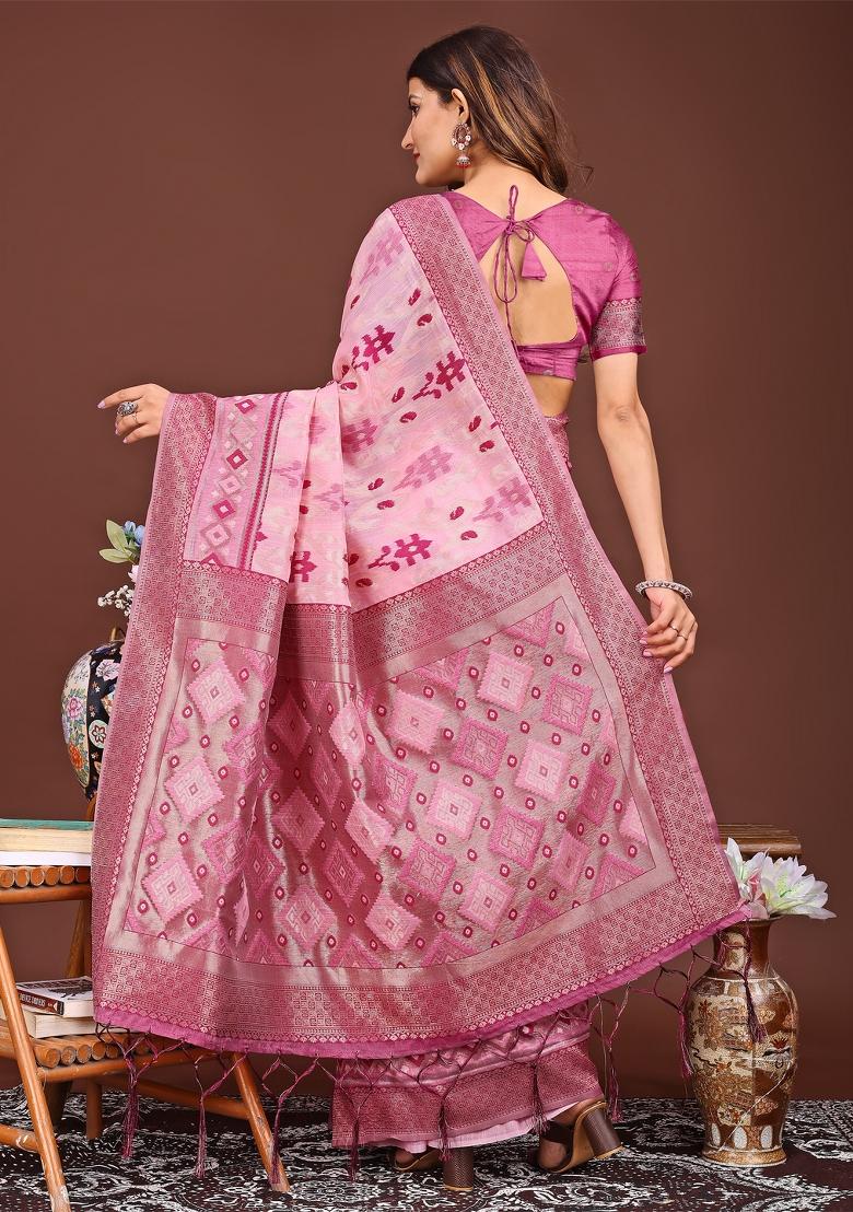 Pink Woven Cotton Blend Saree Set