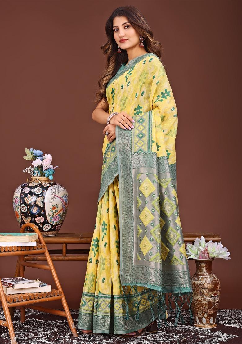 Yellow Woven Cotton Blend Saree Set