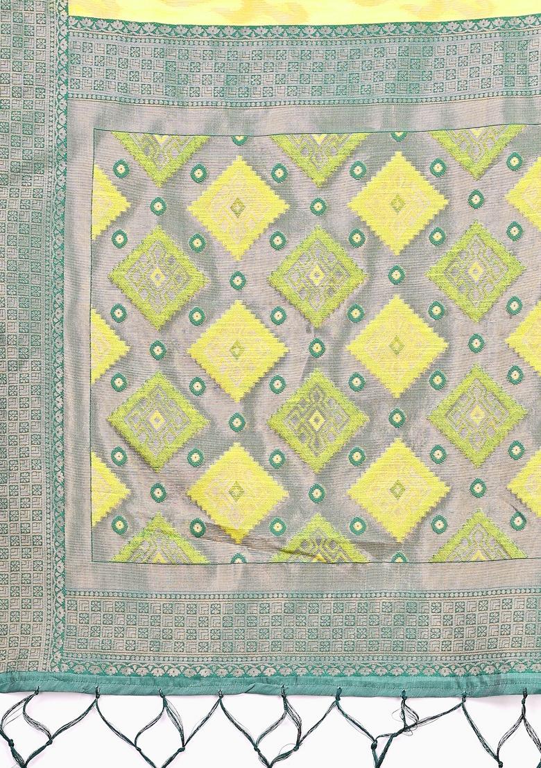 Yellow Woven Cotton Blend Saree Set