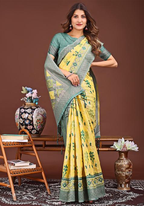 Yellow Woven Cotton Blend Saree Set