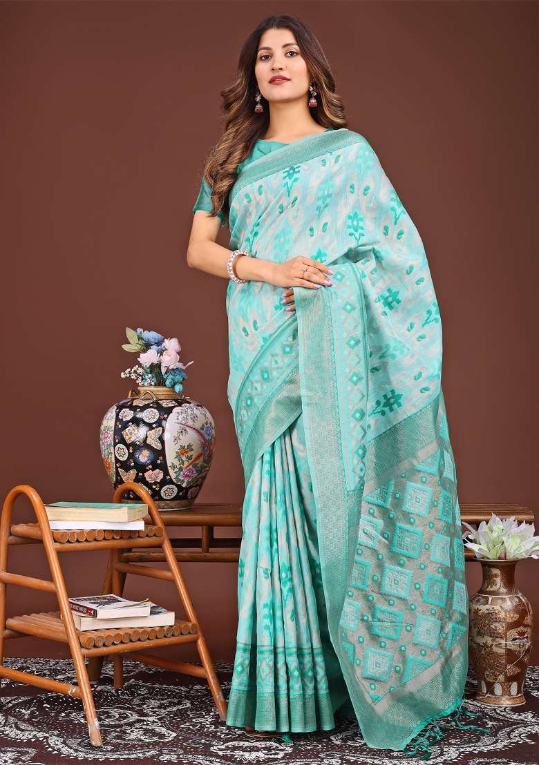 Sea Green Woven Cotton Blend Saree Set - Indya
