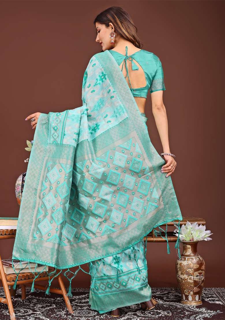 Sea Green Woven Cotton Blend Saree Set - Indya