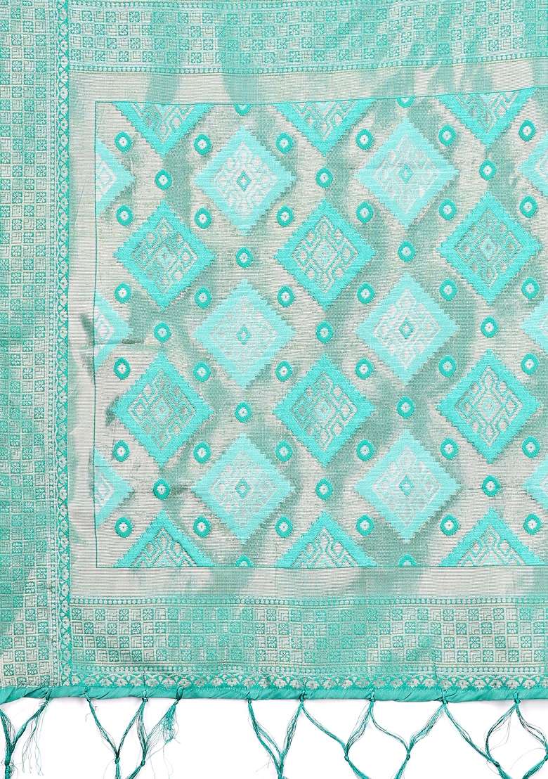 Sea Green Woven Cotton Blend Saree Set - Indya